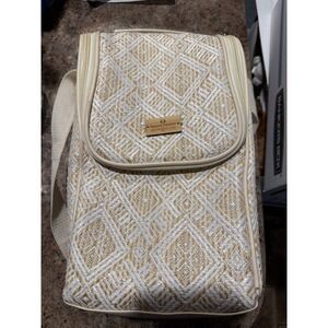 Natural Elements Insulated Wine Cooler Bag Tan Geometric Woven Picnic Tote Strap